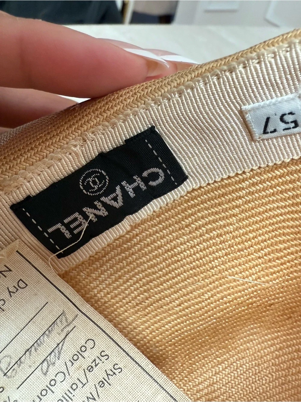 CHANEL Tan Straw Wide Brim Hat with Lime Ribbon